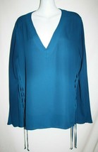 New York &amp; Company Misses LARGE Dark Teal Blue Top Blouse Hi Lo Lace Up ... - $9.77