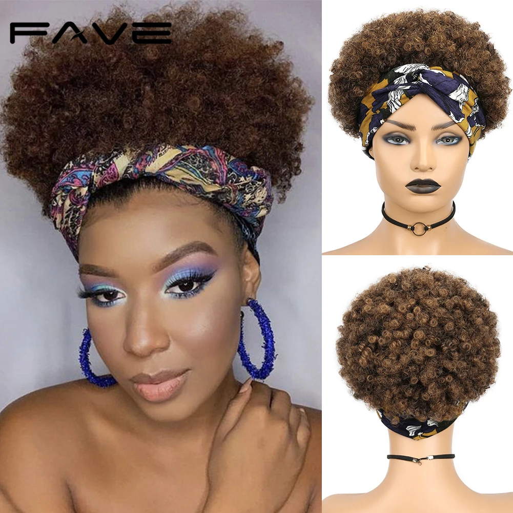 FAVE Afro Puff Curly Wig Short Headband Curly Wig Head Wrap Wig Brazilian Human - £38.96 GBP