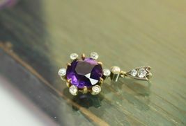 Antique Victorian 14k Yellow Gold Over Diamond Amethyst Pearl 1&quot; Pendant 4.2Ct - £74.11 GBP