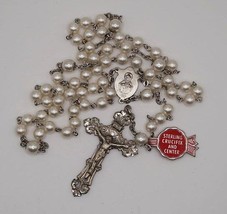 Rhodium Rosary Chapel Sterling Centerpiece Faux Pearl Rosary - £38.28 GBP