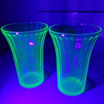 Two Vintage Jeannette Uranium Glow Green Flat Paneled Tumbler Glasses - $24.74