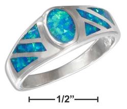 Sterling Silver Oval Synthetic Blue Opal Ring with Stripes - £93.71 GBP