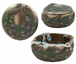 Art Nouveau Beautiful Iridescent Tailed Peacock Round Jewelry Box Figurine - $24.99