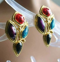 Art Moderne Colorful Enamel Gold-tone Pierced Earrings 1980s vintage 1 1/2&quot; - £9.65 GBP