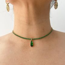 9Ct Simulated Pear Cut Emerald Choker Necklace 925 Silver Gold Plated B&#39;day Gift - £207.20 GBP