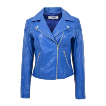 DR206 Women&#39;s Soft Leather Cross Zip Biker Jacket Blue - £128.49 GBP