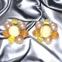 Cluster Bead Earrings Estate Glass Pastels Tan Lavender Faux Pearl Japan Vintage - £11.75 GBP