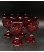 Ruby Red Wine Goblets Set of 4 Embossed Crown Fleur de Lis Glass - £34.82 GBP