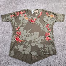 Sundance Shirt Womens Large Green Embroidered Flowers Short Sleeve - £28.32 GBP