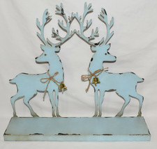 18&quot; Silhouette Reindeer on Stand Blue Sheet Metal Reindeer Figure w Gold Bells - £28.08 GBP