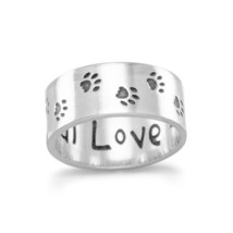 Oxidized Paw Print Wide Band with &quot;Love&quot; Script Inside 925 Sterling Silver Ring - £81.89 GBP