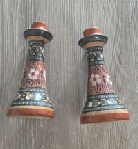 Set of &#39;2&#39; Hand-Painted Mexican Terracotta Vintage Tonala Candleholders - £27.05 GBP