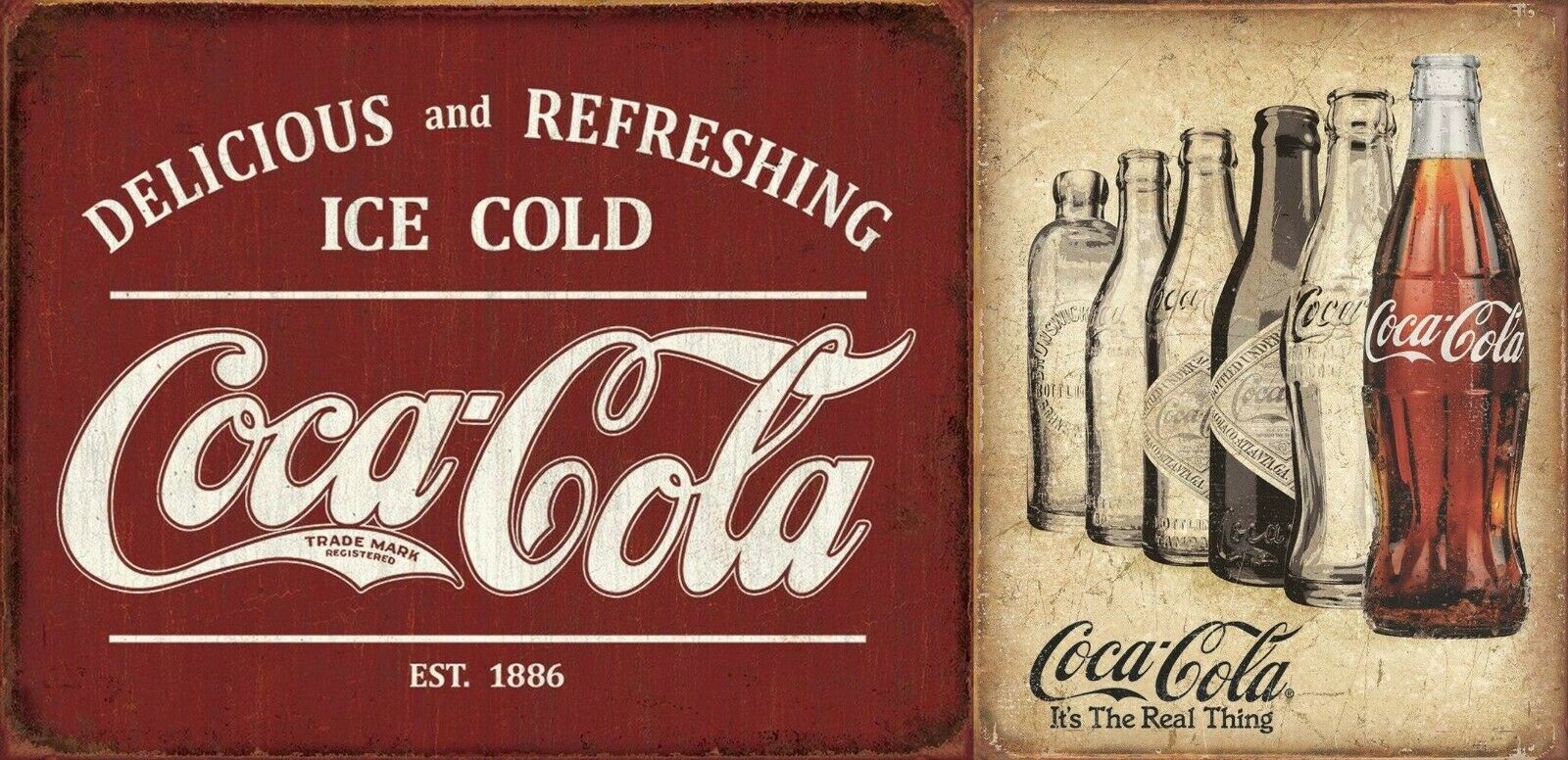 Primary image for Coca Cola Coke Ice Cold Logo Retro Soda Rustic Wall Décor Metal Tin 2 Sign Lot