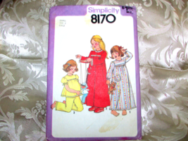 SIMPLICITY 8170 girl's small size 2 nightgown, pajamas,  robe   (sew drwr) - $3.50