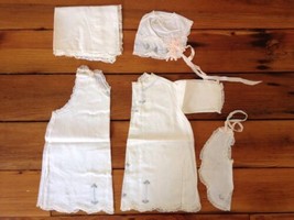 Antique Handmade Lace Embroidered Baby Child Christening Gown Bonnet Bib... - $149.99