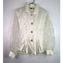 Marnie West Womens Satin Ivory Button Blouse Top Size L Sheer Floral Sleeve USA - £31.76 GBP