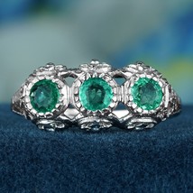 Natural Emerald Vintage Style Filigree Three Stone Ring in Solid 9K White Gold - £443.39 GBP