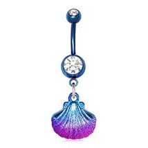 Blue PVD Plated Navel Ring with Blue &amp; Pink Seashell Dangle - £10.77 GBP