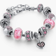 Girls Heart Charm Bracelet Jewelry Women Chain Silver Plated Beads Bangle Pink - £15.58 GBP