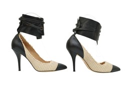 Isabel Marant Gava Beige Raffia Black Leather Ankle Cuff Heel Pumps Shoe... - $147.51