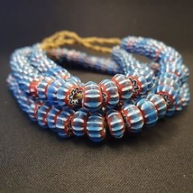 Filo lungo perline vintage stile africano veneziano vetro blu chevron 11 mm - $41.37