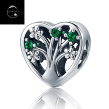 Genuine 925 Sterling Silver Family Tree Love Heart Bead Charm With Green CZ - £16.56 GBP