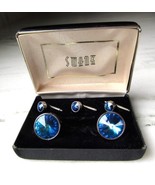 Vintage SWANK Blue Rivioli Crystal Silver Tone Cuff Links in Box C3481 - £43.63 GBP