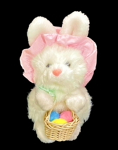 Applause White Easter Bunny Plush Stuffed w Straw Basket Eggs Bonnet 8 Inch VTG - £11.31 GBP