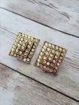 Vintage Clip On Earrings - Gold Tone and Iridescent Gem Layered Rectangle - £11.15 GBP