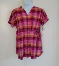Ingrid &amp; Isabel Button-Up Short Sleeve Pink Stripped Maternity Tunic Top... - $20.78