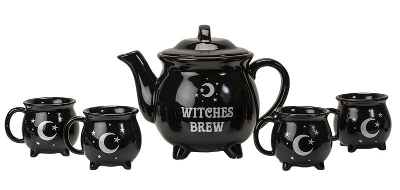 Wicca Sacred Moon And Stars Witches Brew Black Cauldron Teapot And 4 Cups Set