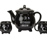 Wicca Sacred Moon And Stars Witches Brew Black Cauldron Teapot And 4 Cup... - $64.99