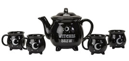 Wicca Sacred Moon And Stars Witches Brew Black Cauldron Teapot And 4 Cups Set - £51.95 GBP