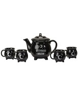 Wicca Sacred Moon And Stars Witches Brew Black Cauldron Teapot And 4 Cup... - £51.14 GBP