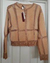 IDI BY MATHEW Leather Cardigan with Crochet Embellishment Brown Women&#39;s ... - £31.79 GBP