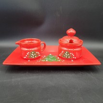 Waechtersbach Red Christmas Tree Creamer &amp; Lidded Sugar Bowl w/Serving Tray - £30.48 GBP