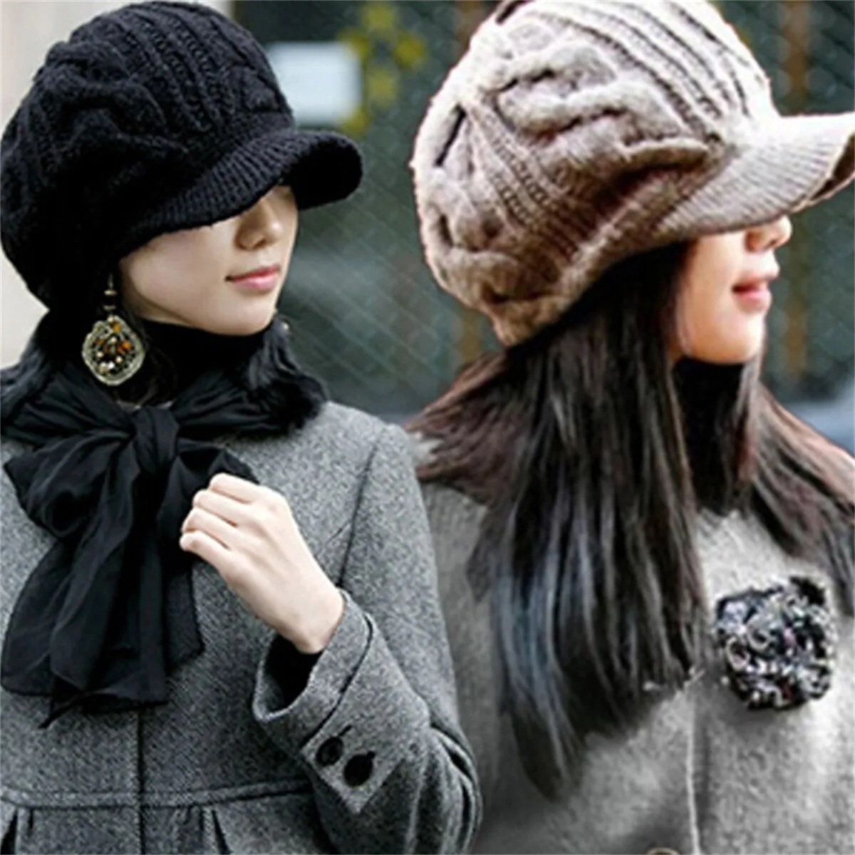 Women Winter Warm Knitted Hats Slouchy Wool Beanie Hat Cabbie Cap With V... - £15.18 GBP