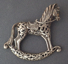 Vintage Jezlaine Sterling Silver Rocking Horse Pin Brooch Openwork Scroll 925 - £27.57 GBP