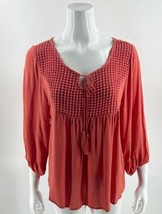 One World Live and Let Live Top Size Small Coral Pink Boho Lace Back Peasant - £15.92 GBP