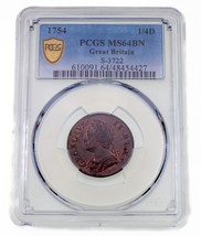 1754 Great Britain 1/4D Farthing S-3722 Graded by PCGS as MS-64 Brown - $1,471.28 CAD