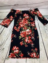 Floral Bodycon Dress Small Black Red Flowers Stretchy - £15.16 GBP
