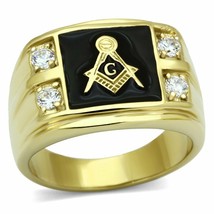 Ring Masonic Ion Gold Plate Stainless Steel With Aaa Grade Cz TK719 - £31.54 GBP