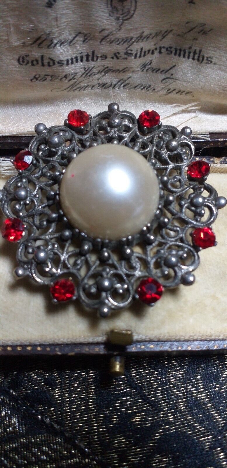 VINTAGE Pewter Ornate Scroll Frame Red Rhinestone &amp; Faux Pearl Cabochon ... - $31.68