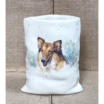 Vintage Speckled Ceramic Happy Collie Dog Vase w Artist Signature - $23.76