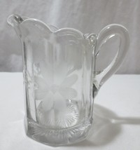 Vtg Needle Etched Floral Glass Pitcher shaped scalloped rim Creamer/Syrup - £11.99 GBP
