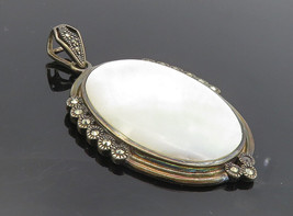 925 Sterling Silver - Vintage Mother Of Pearl &amp; Marcasite Drop Pendant - PT6456 - £54.07 GBP