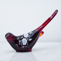 Fenton Art Glass Ruby Red Bird Hand Painted Roses Long Tail Floral Signed Figure - £33.55 GBP