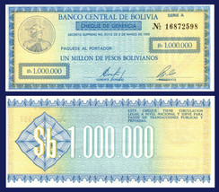 Bolivia P190, 1 Million Peso Bolivianos, 1985 Emergency Issue - $9.99