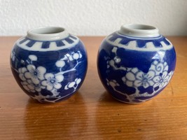 set of 2 Antique Chinese Underglaze Blue and White Ginger Jar Prunus Miniature - £179.19 GBP