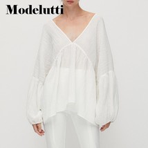 Modelutti 2022 New Spring Summer Fashion V-Neck Fine Grid Texture Shirt Women Lo - £95.48 GBP
